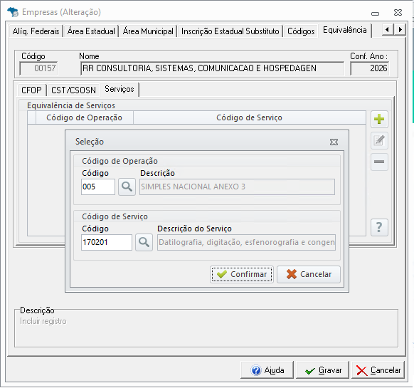 Alterdata - configuração de Equivalência
