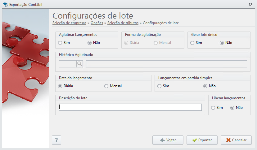 Configurações do lote contábil