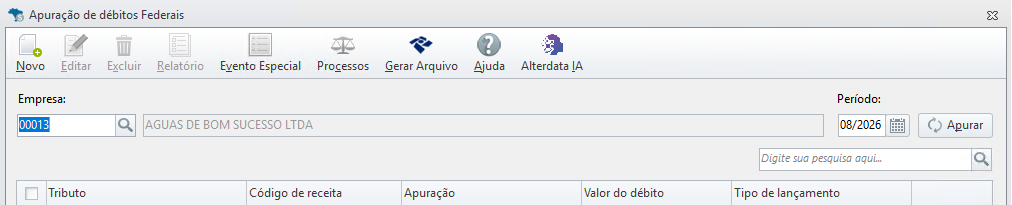 Tela de Apuração de débitos Federais no Alterdata Fiscal