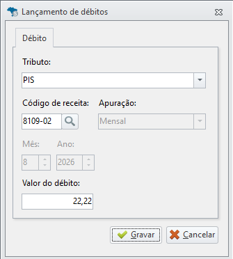 Tela de lançamento de débitos do MIT