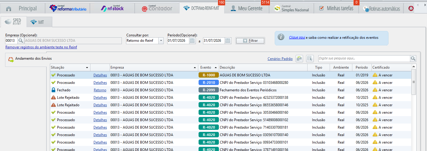 Central SPED Reinf — filtros e acompanhamento da situação dos eventos