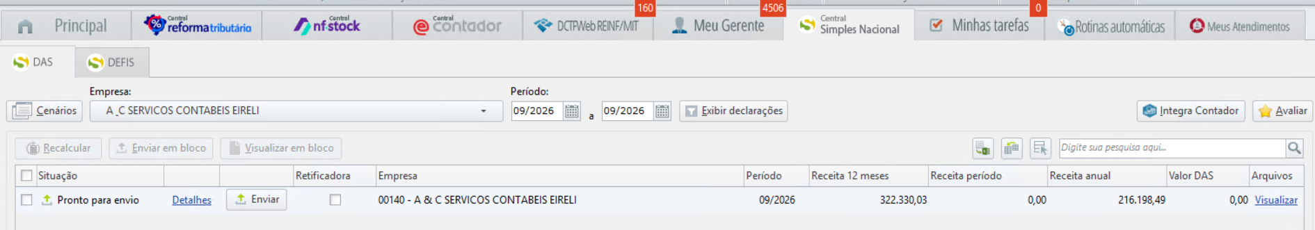 Tela da Central Simples Nacional com opção Enviar