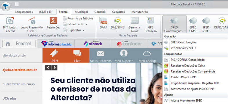 Menu Federal do Alterdata Fiscal com acesso ao Pré-Validador SPED Contribuições