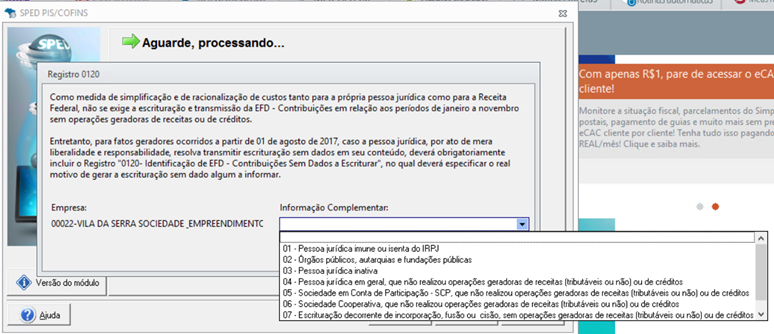 Informação complementar durante o processamento do SPED Contribuições